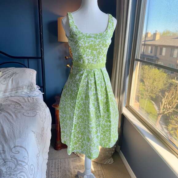 Lime Green and Off White Floral Tea Dress Vintage - Picture 2 of 12